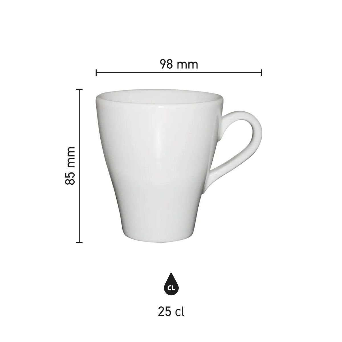 Infographic met schaalverdeling toont de afmetingen van de Dom mok wit 25 cl. in detail.