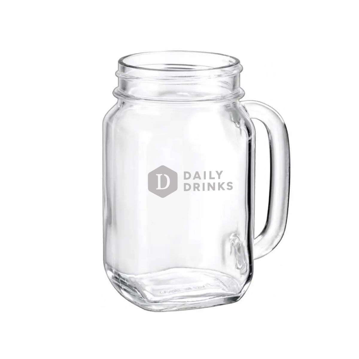 Front view of the Drink Jar 48 cl with engraved DailyDrinks logo subtly in the glass surface.