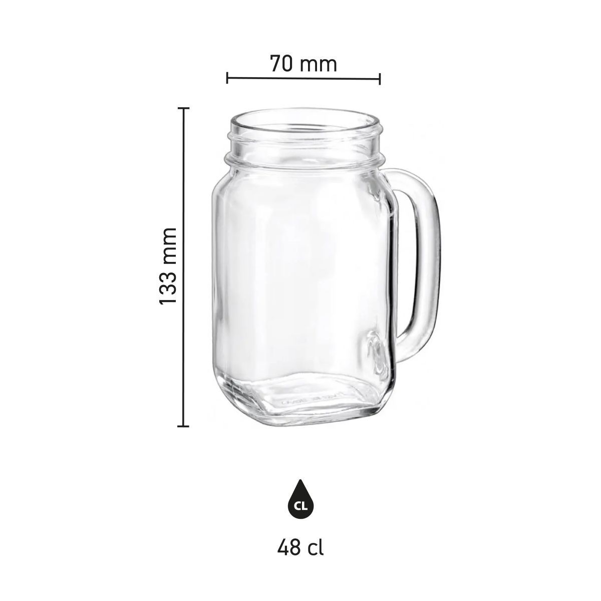 Technical infographic showing dimensions of the Drink Jar 48 cl. in height, width and capacity.