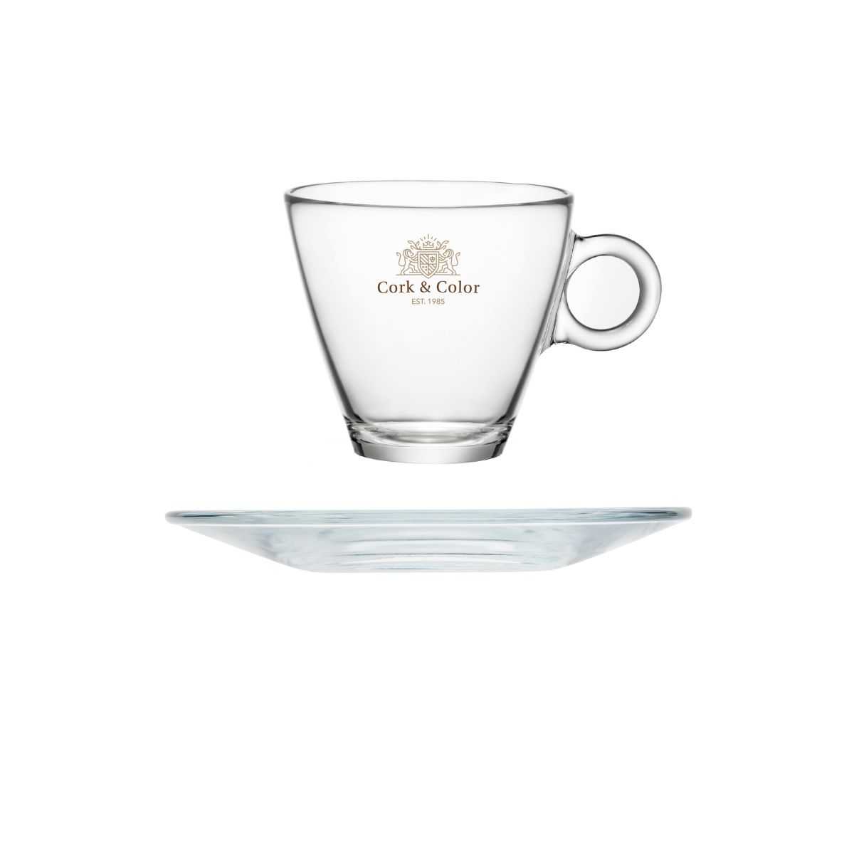 Front and side of Easy Bar Cappuccino 23 cl. SET with coloured CorkColor logo printed on the glass.
