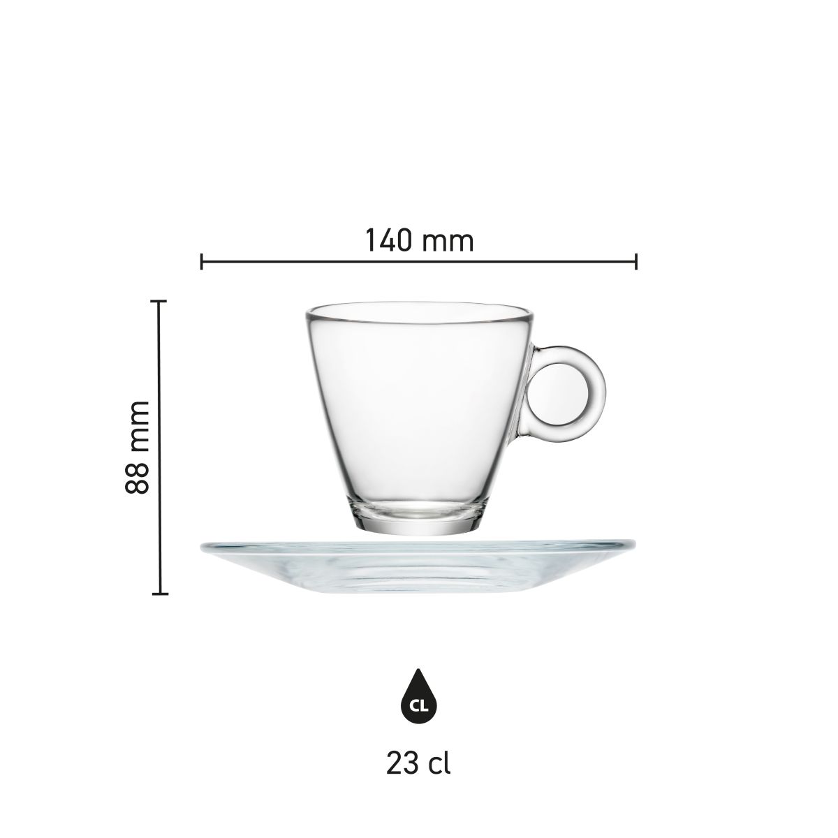 Infographic shows dimensions of Easy Bar Cappuccino 23 cl. SET with size markings.