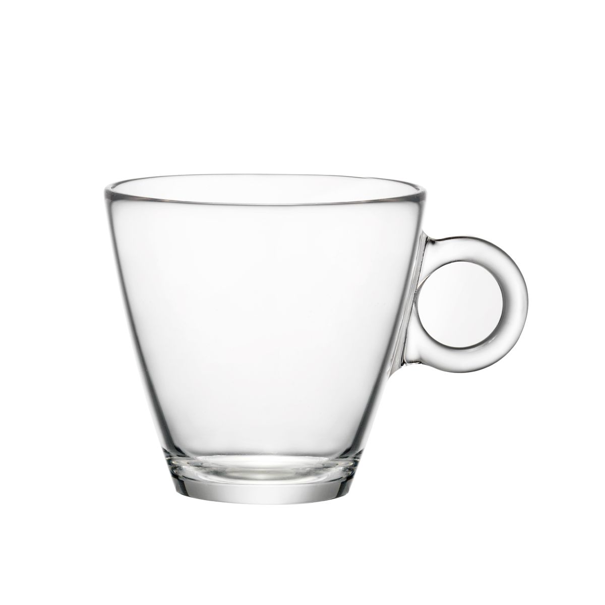 Front view of Easy Bar cappuccino cup 23 cl, transparent glass with wide top rim and smooth surface. Front view of Easy Bar cappuccino cup 23 cl, transparent glass with wide top rim and smooth surface.