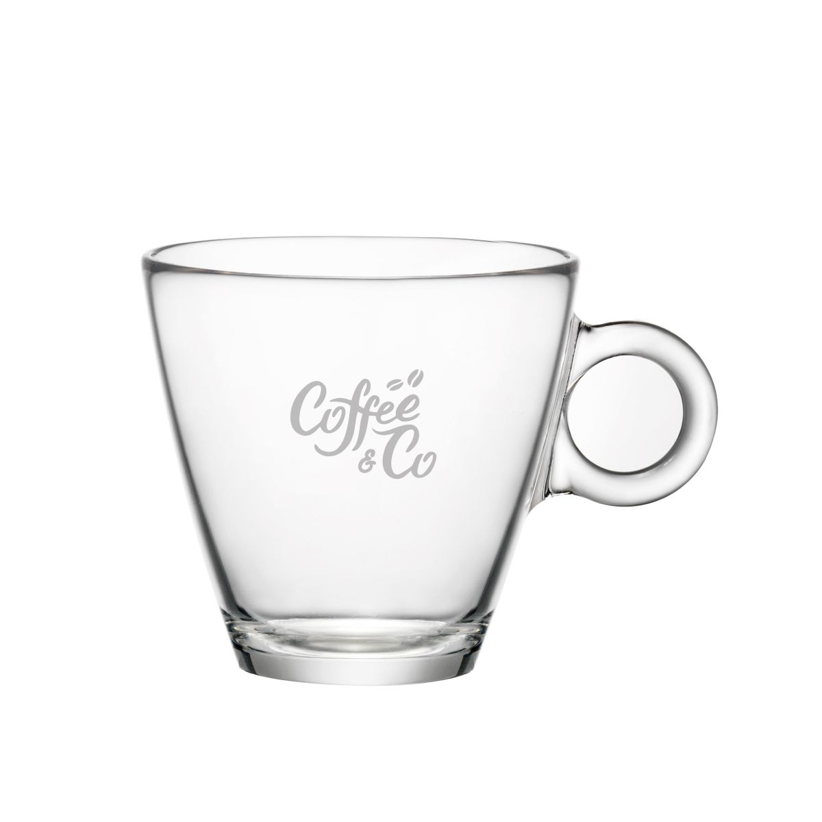 Engraving of CoffeeCo logo on front of Easy Bar cappuccino cup 23 cl. visible in clear glass.