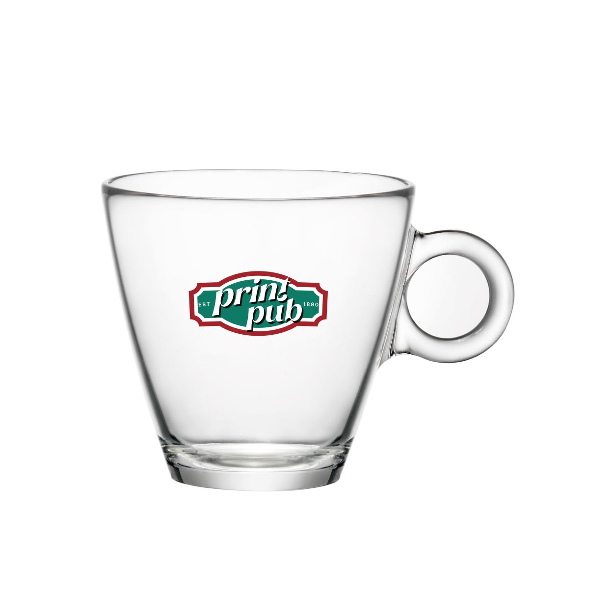 Glass cappuccino cup 23 cl. with multicoloured PrintPub logo printed on the front of the glass.
