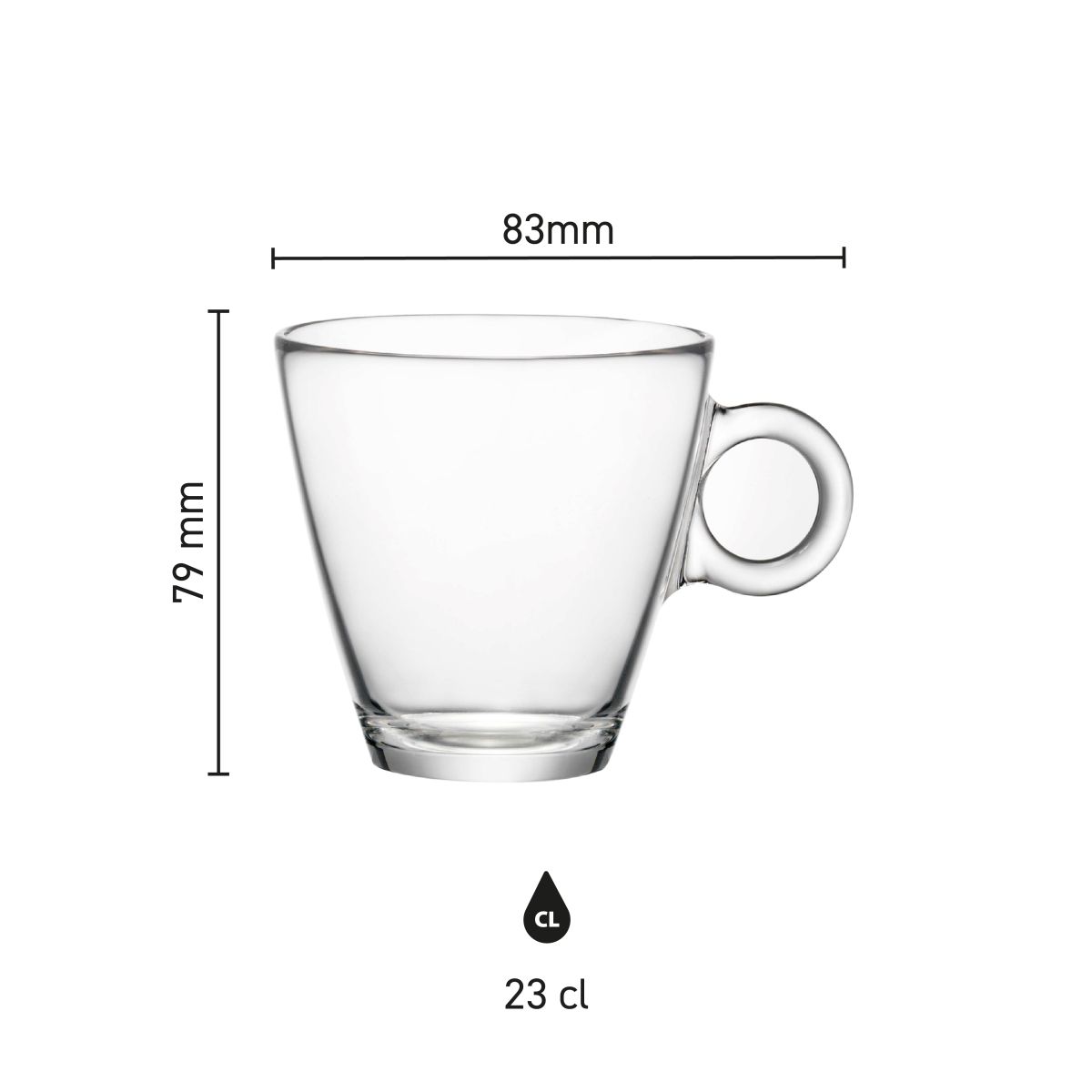 Technical working drawing shows printing area and logo position on the Easy Bar cappuccino cup 23 cl. made of glass.