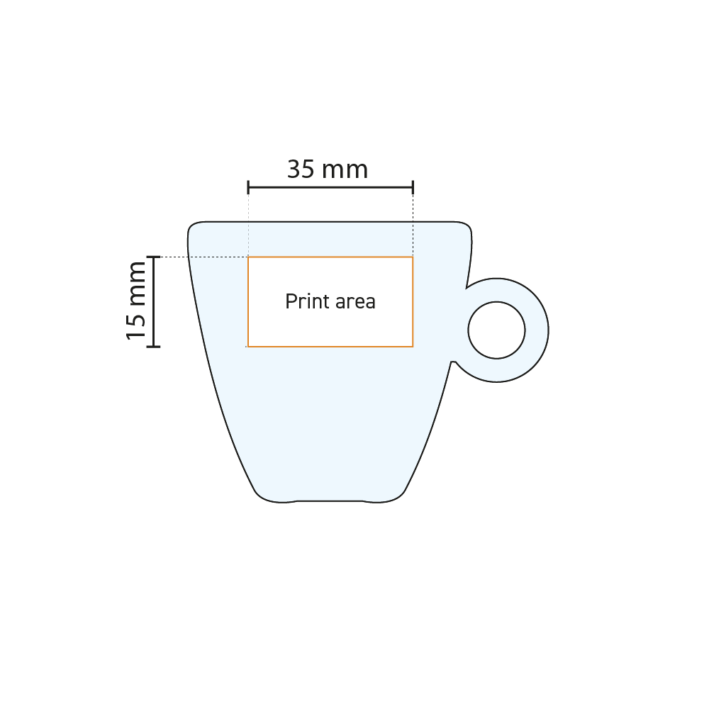 Technical drawing of the glass with indication of the printing area for logo placement.