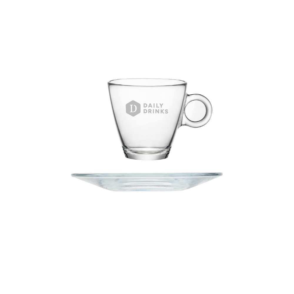 Front view of Easy Bar Espresso 10 cl. SET with single-colour printed "DailyDrinks" logo on transparent surface.