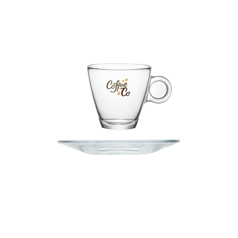 Espresso glass of 10 cl with multicoloured "CoffeeCo" logo prominently printed on the front.