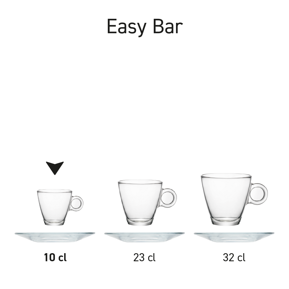 Row of espresso sets, in clear glass, presented in series side by side.