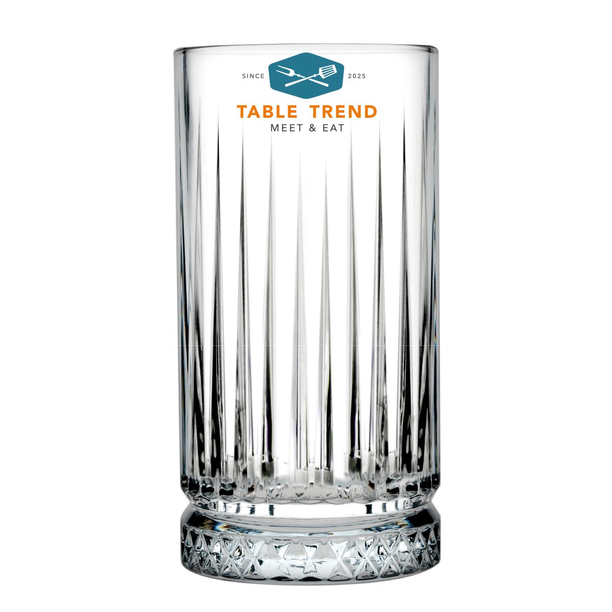 Elysia Longdrink glass 44.5 cl. with multi-coloured TableTrend logo on the front view.