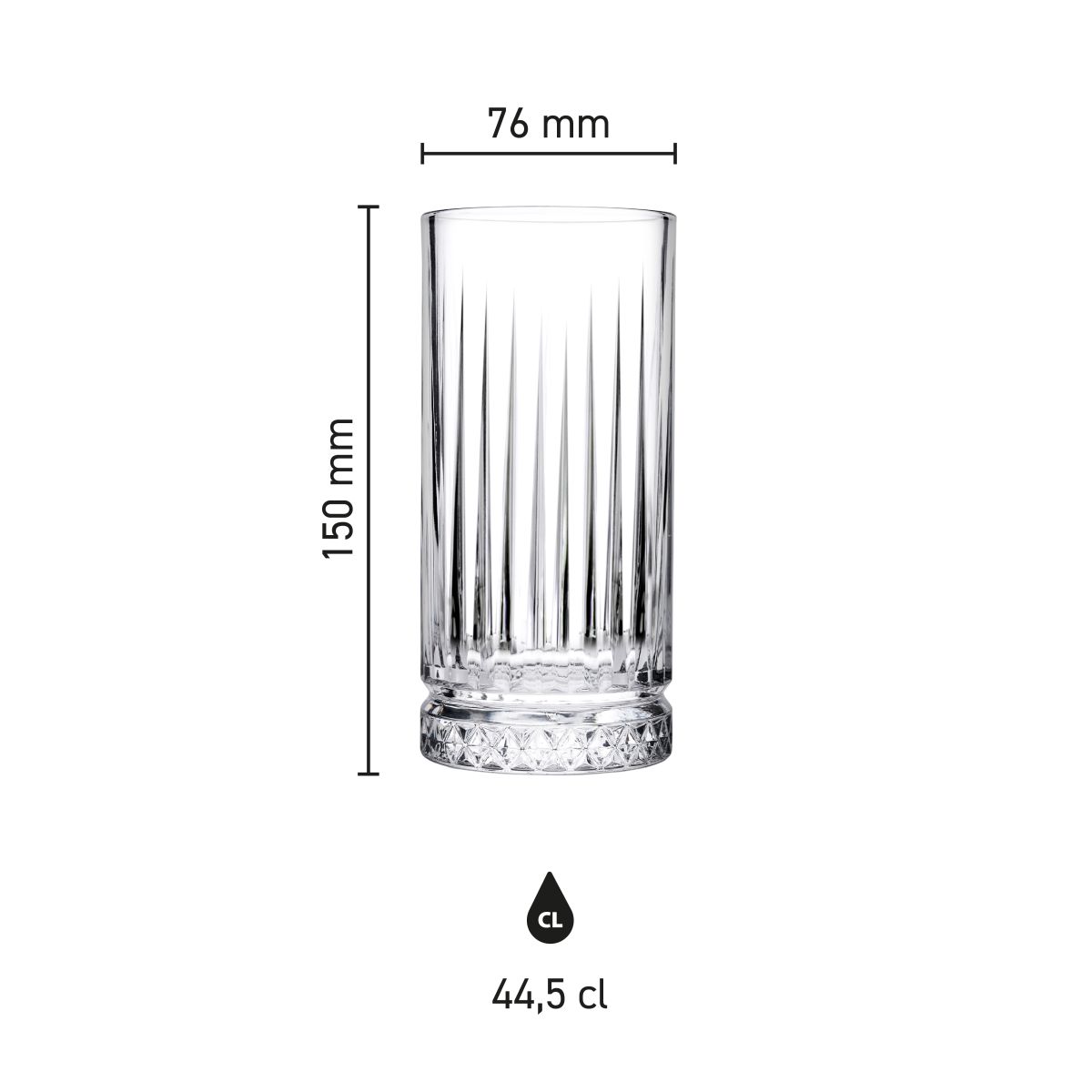 Dimensions of the Elysia Longdrink glass 44.5 cl. clearly shown in infographic.