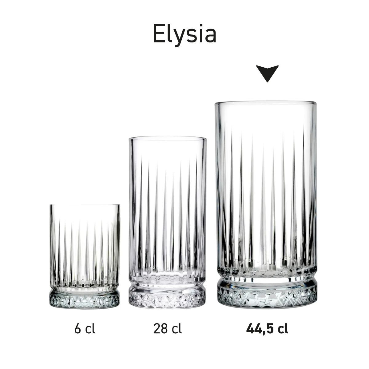Series Elysia Longdrink glasses presented side by side in various arrangements.