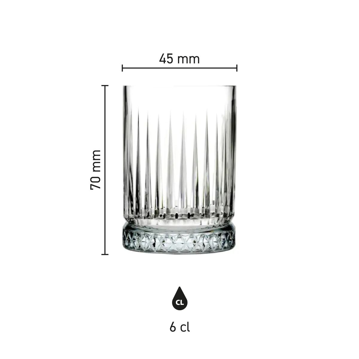 Infographic shows the product dimensions of the Elysia Shot glass 6 cl. glass.
