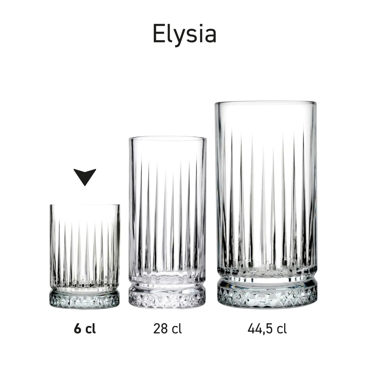 Series Elysia Shot glasses 6 cl. shown side by side in variety and size.