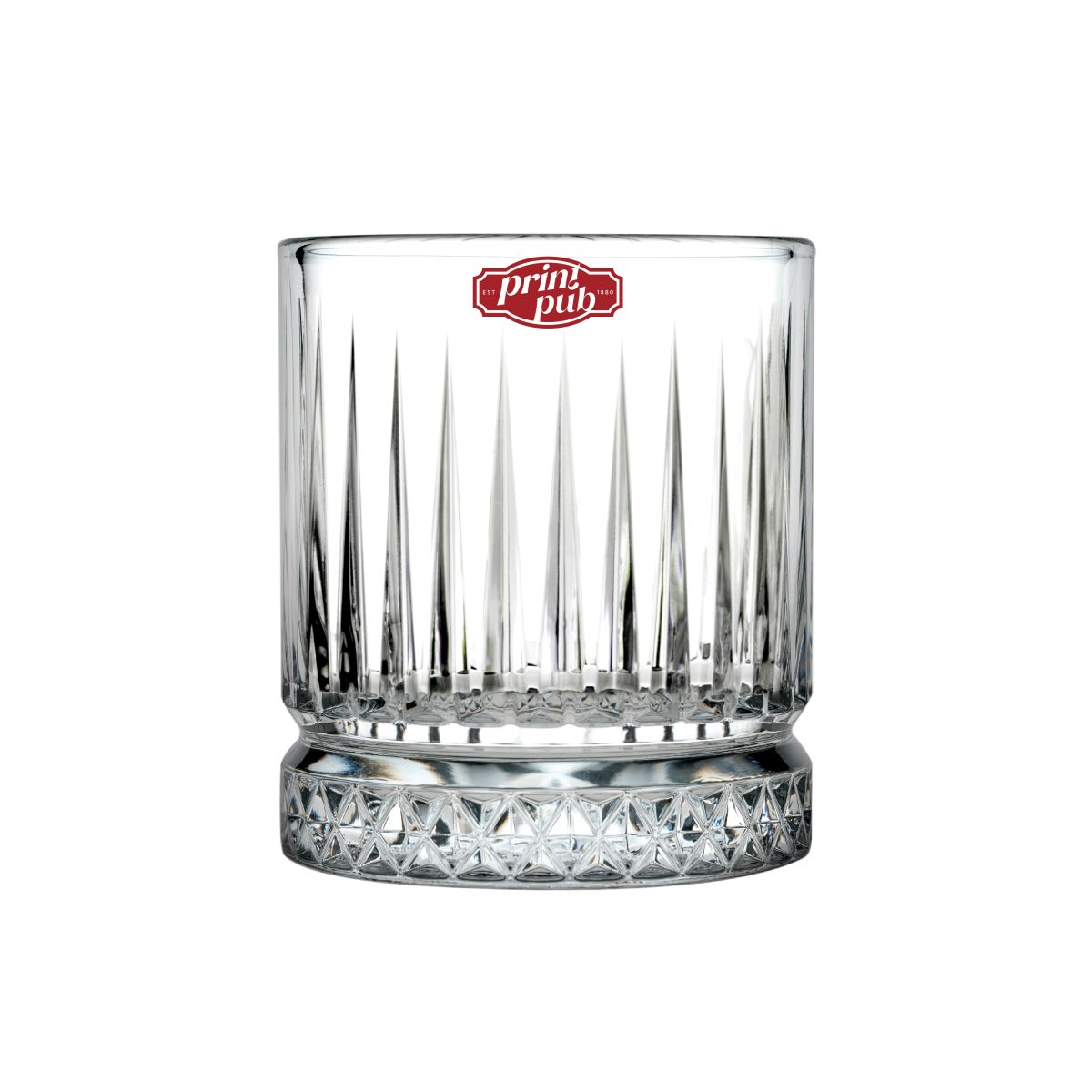Eénkleurige bedrukking van PrintPub-logo zichtbaar op de voorkant van het whiskyglas.