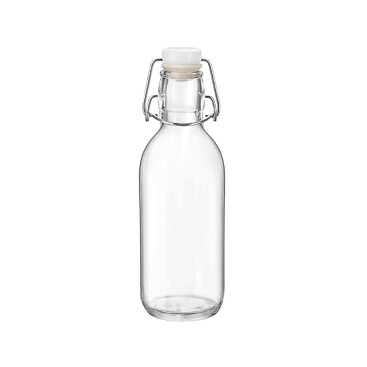Heldere Emilia Fles van 0,5 liter glas met beugelsluiting, gefotografeerd recht van voren. Heldere Emilia Fles van 0,5 liter glas met beugelsluiting, gefotografeerd recht van voren.
