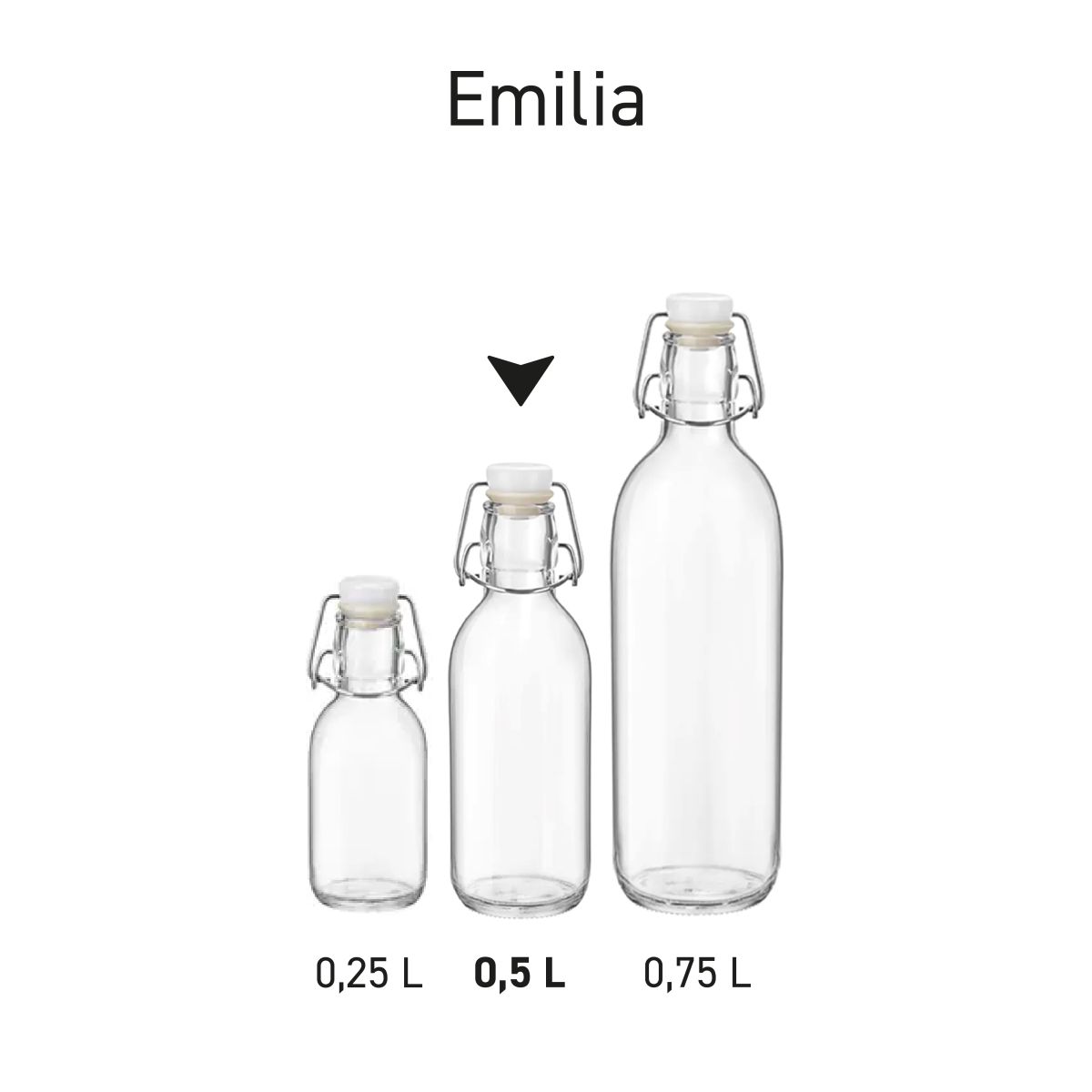 Series of glass bottles Emilia of 0.5 and 1 litre presented side by side as an assortment.