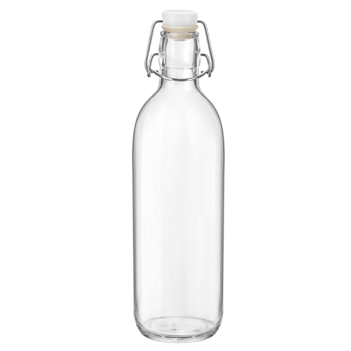 Straight front view of glass Emilia Bottle with 1 litre capacity and clasp closure, slim model.