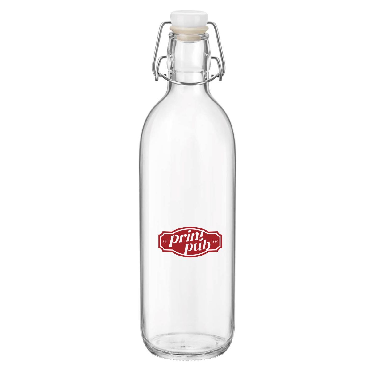 : PrintPub logo in one colour on front of glass bottle Emilia 1 litre, centred on the surface.