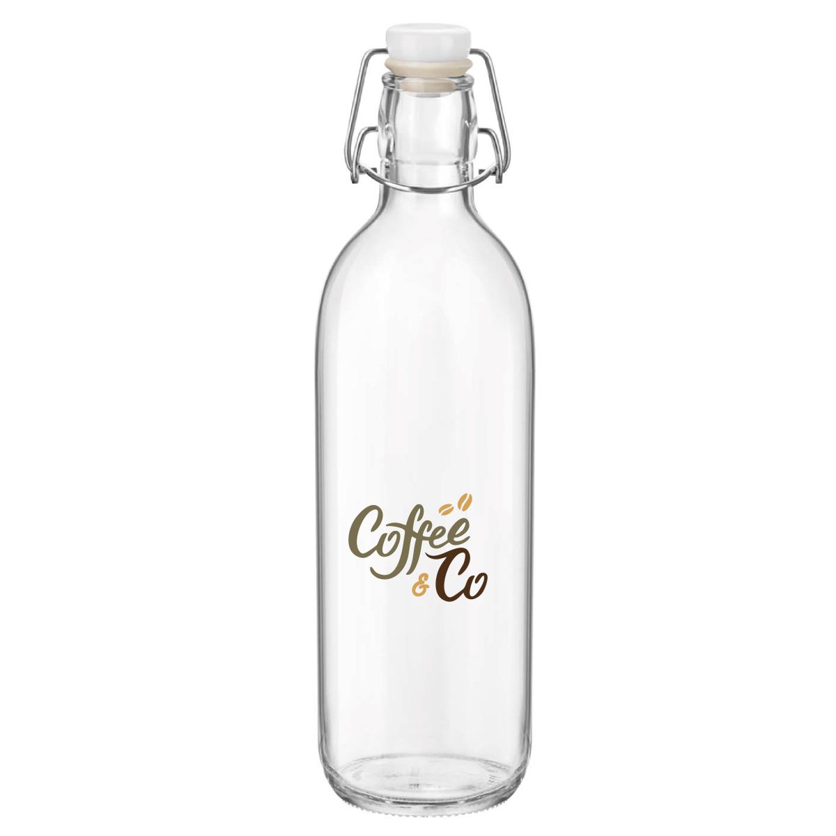 Front view of Emilia Bottle 1 litre glass with CoffeeCo logo in 2-4 colours on transparent glass.