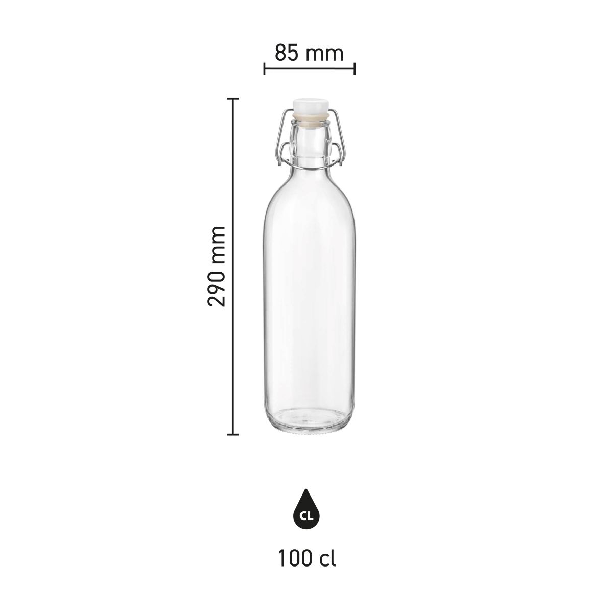 verview of the dimensions of glass bottle Emilia 1 litre in clear infographic view.
