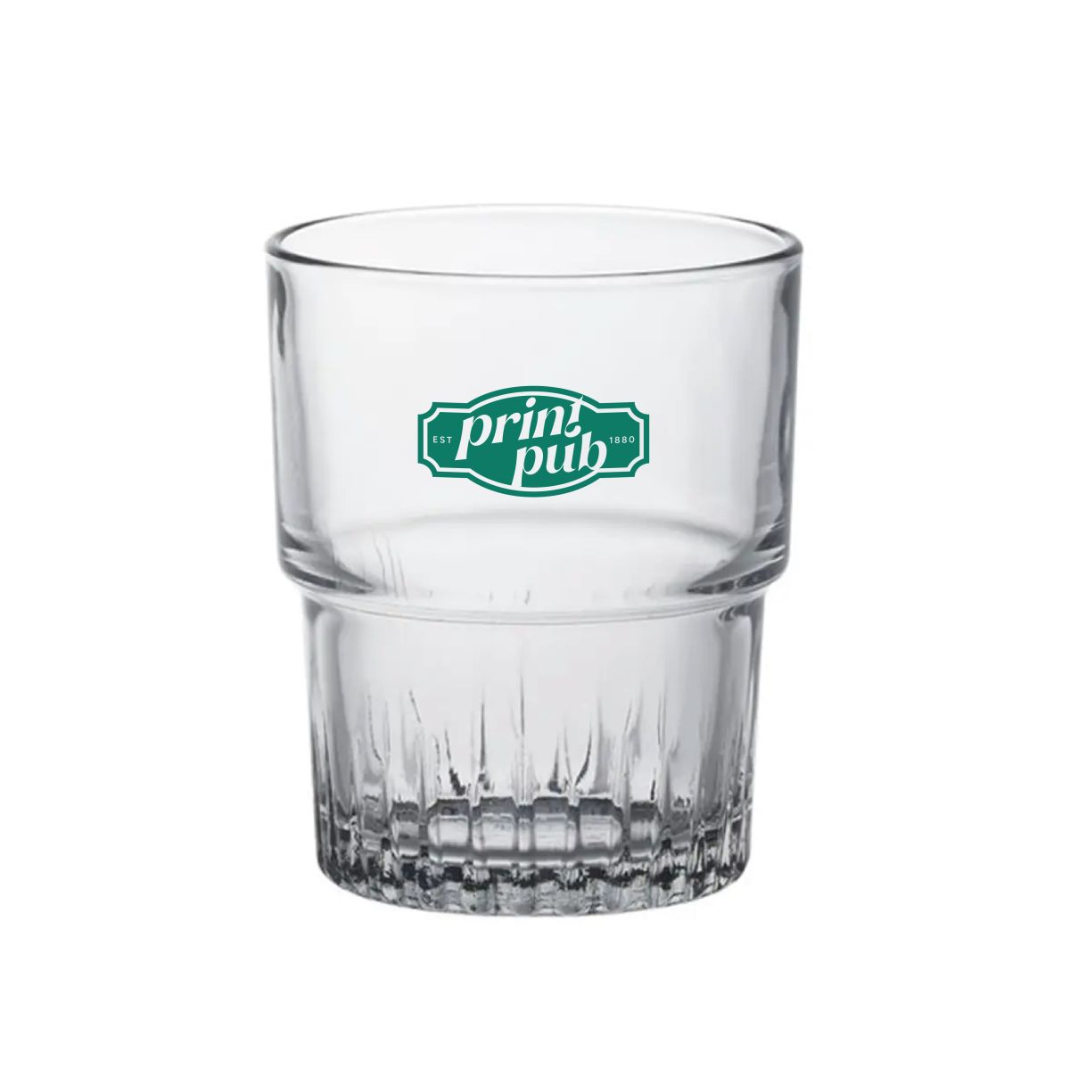 Empilable Tumbler glass 16 cl with PrintPub logo in one colour centred on the glass surface.
