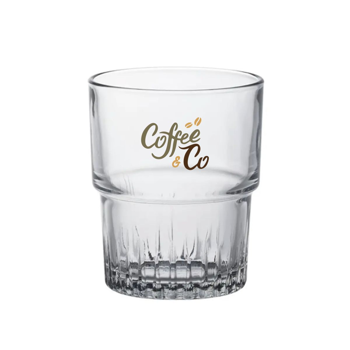 CoffeeCo logo visible in multiple colours on front of Empilable stackable glass 16 cl.