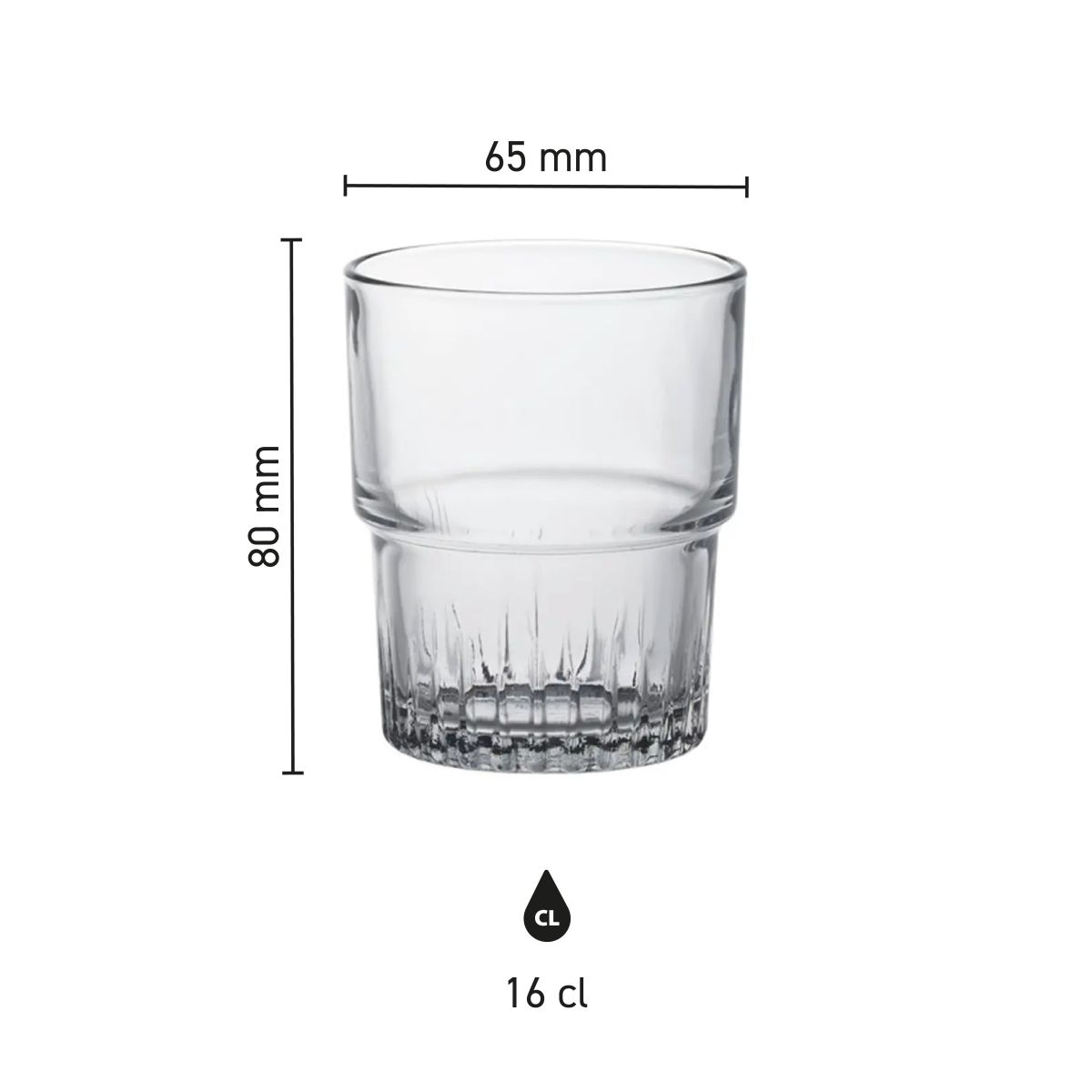 Infographic shows dimensions of Empilable Tumbler 16 cl stackable glass, including diameter and height.