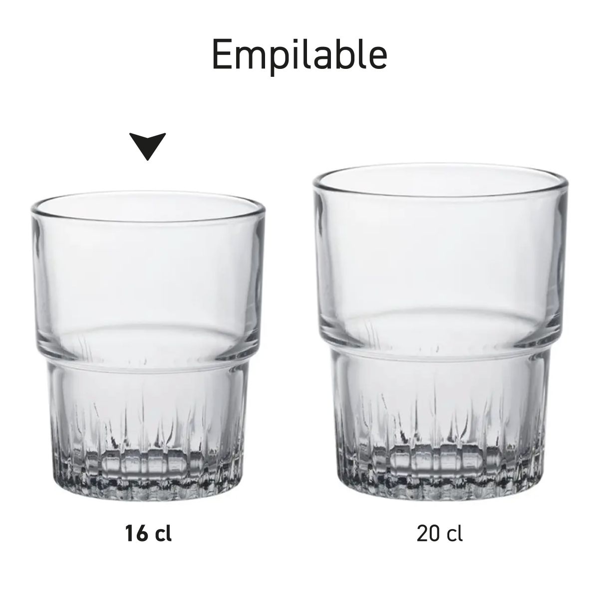 Series view with several stackable Empilable glasses 16 and 20 cl in arrangement.