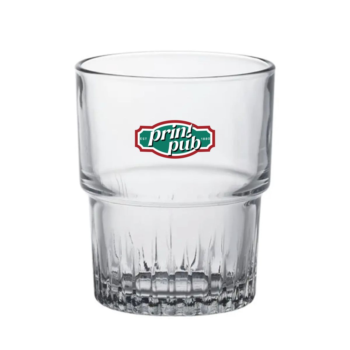 PrintPub logo in one colour centred on transparent Empilable glass 20 cl in front view.