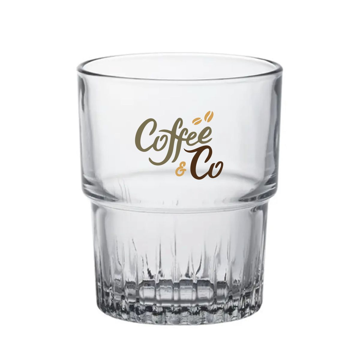 CoffeeCo logo visible in multiple colours on front of Empilable glass 20 cl.