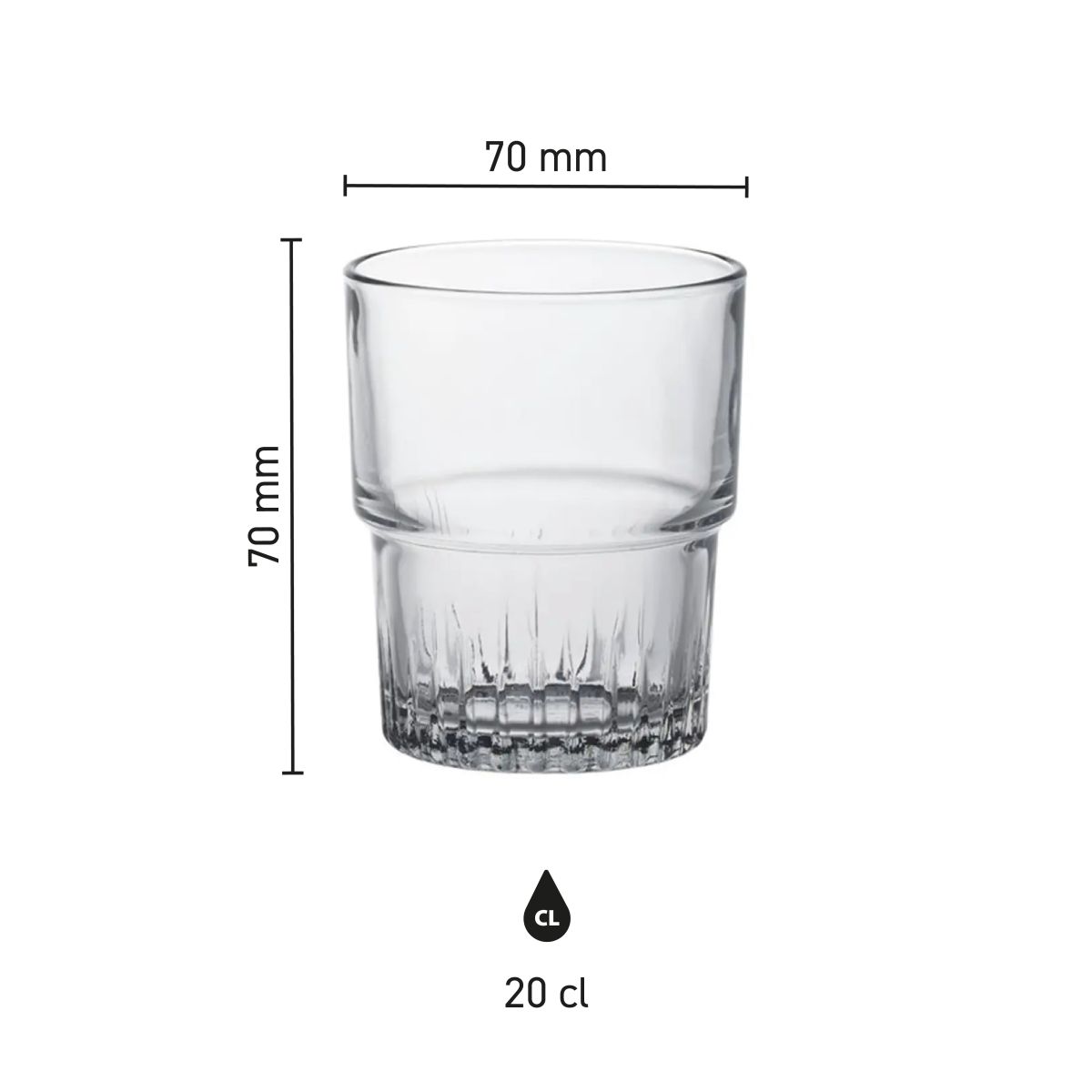 Infographic shows exact dimensions of Empilable Tumbler 20 cl stackable glass.