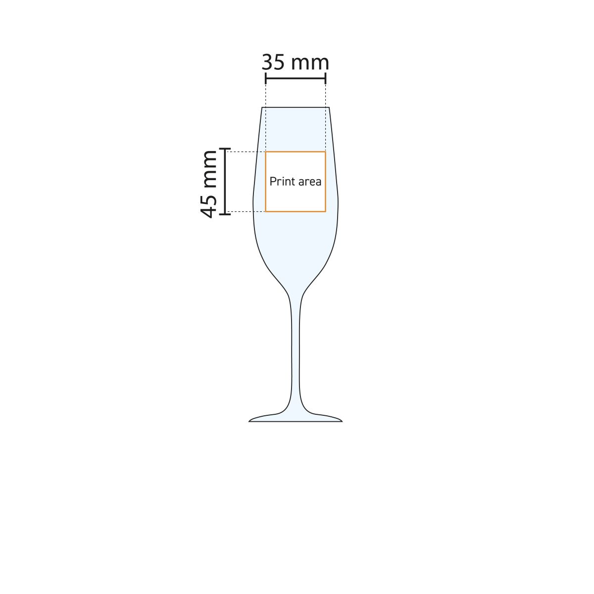 Infographic shows height and glass capacity of Esprit champagne flute 21 cl.