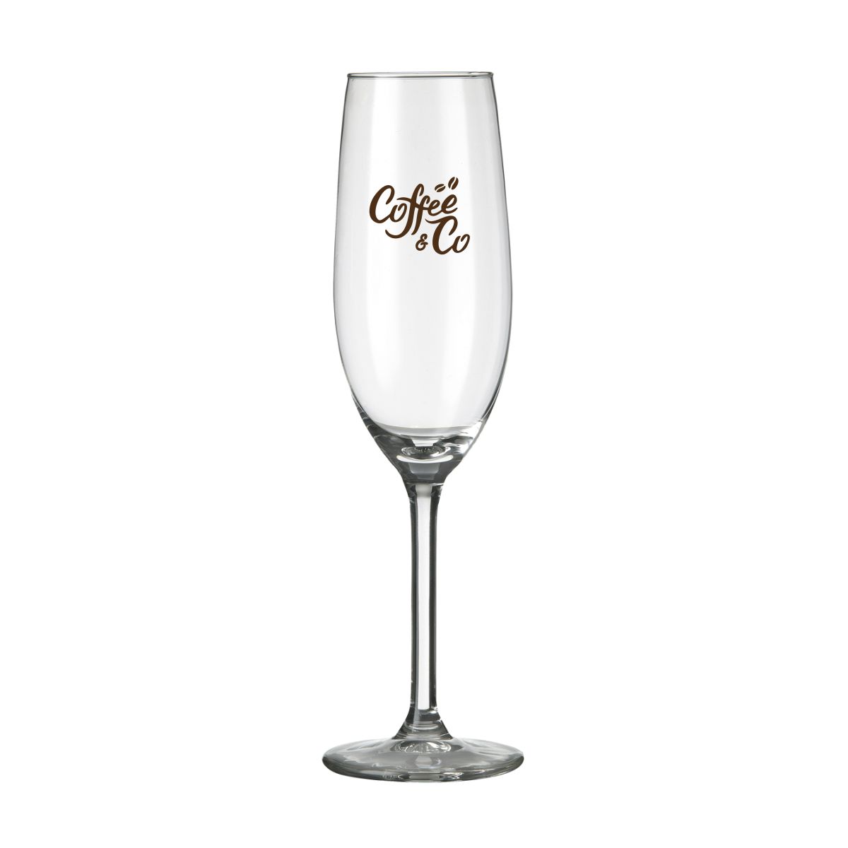 Front of Esprit champagne flute 21 cl. with CoffeeCo logo printed in one colour.