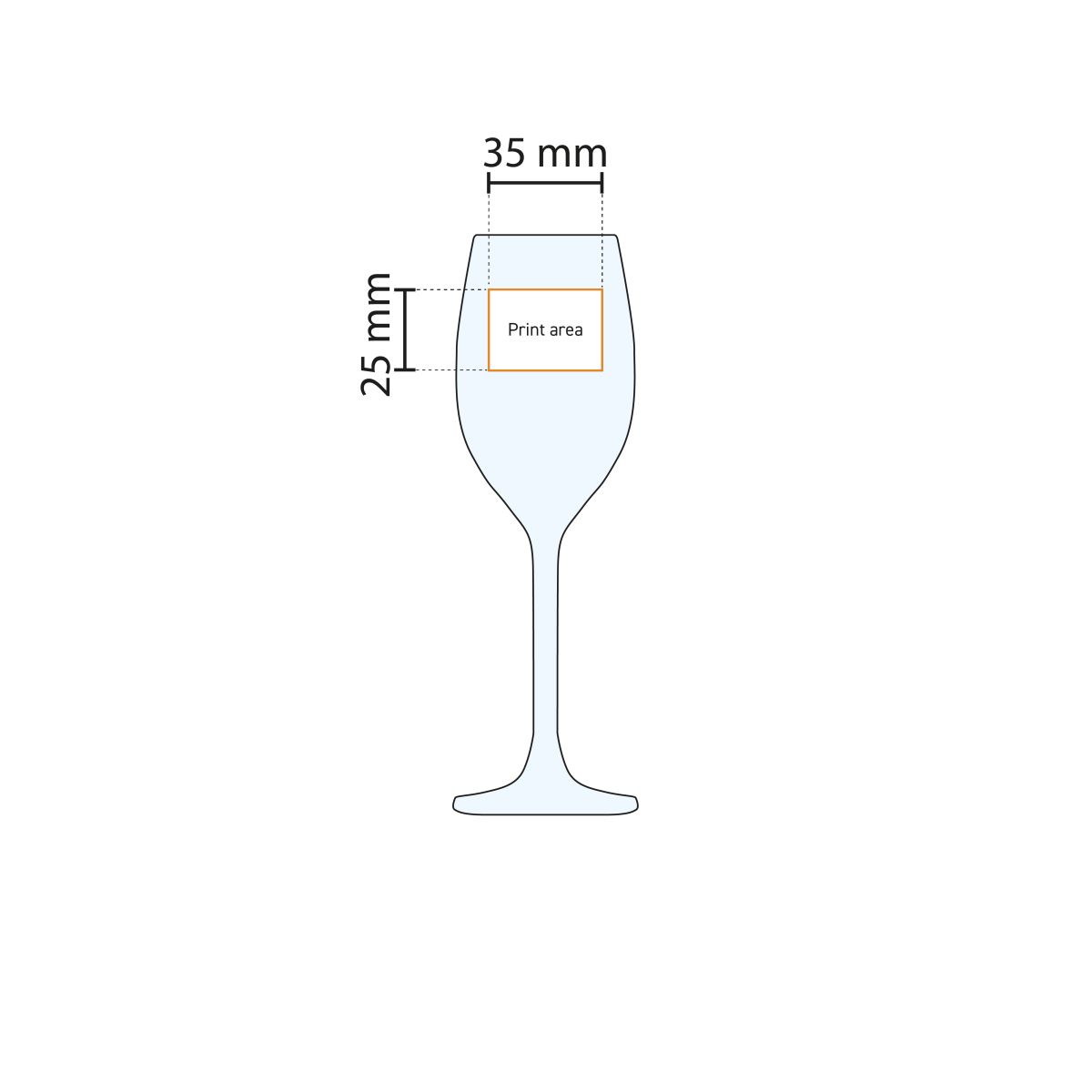 Technical working drawing indicating the pressure area on the Esprit port glass 14cl