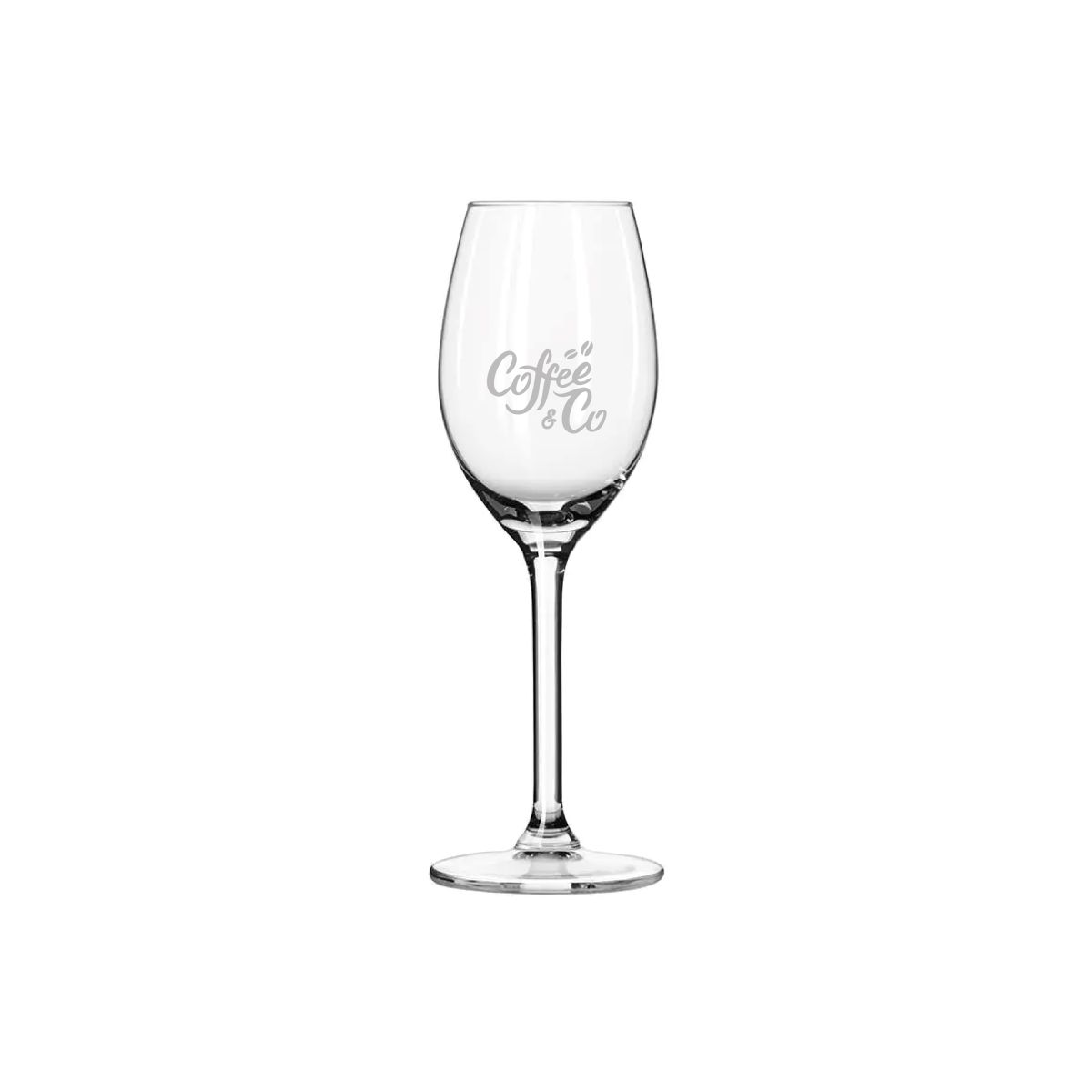 Engraving of the CoffeeCo logo subtly incorporated on the front of the shot glass.