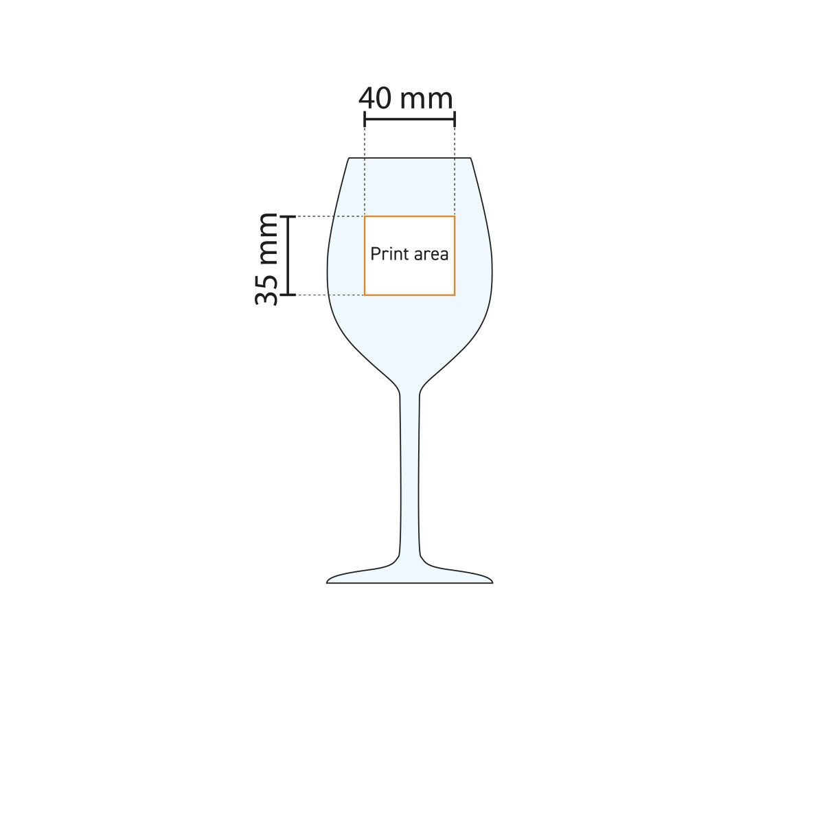 Drukgebied van het glas aangeduid in een technische werktekening.