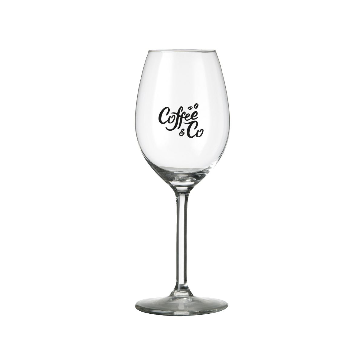 Eénkleurig CoffeeCo-logo duidelijk zichtbaar op de voorzijde van het Esprit 25 cl. glas.