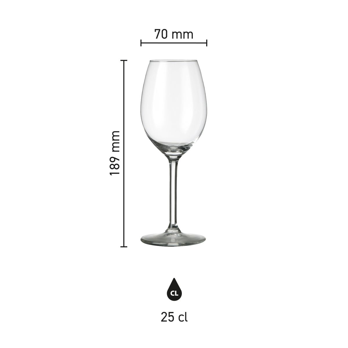 Infographic toont de exacte afmetingen van het Esprit wijnglas 25 cl. in millimeters.