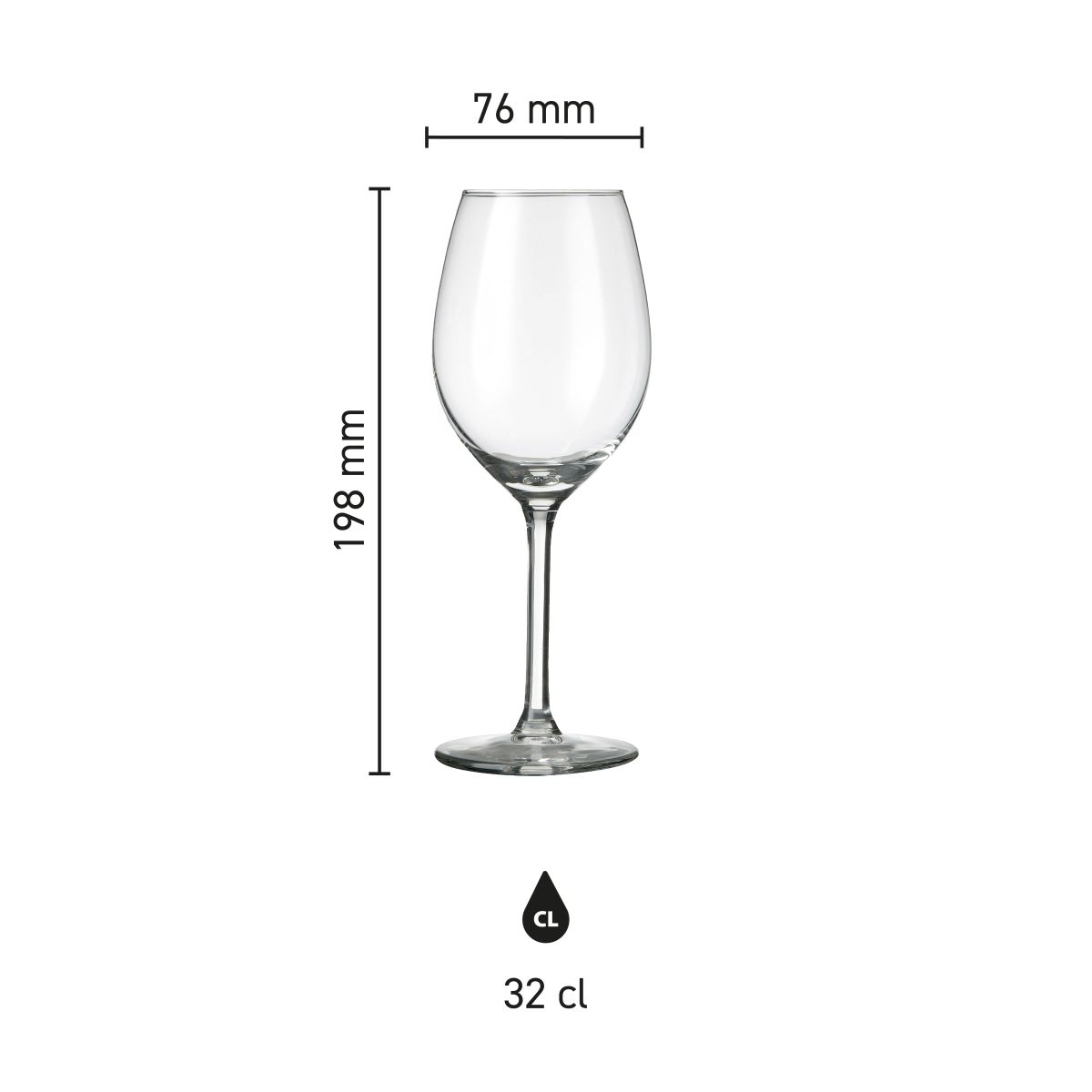 Infographic shows the exact dimensions of the Esprit 32 cl. wine glass  in millimetres.