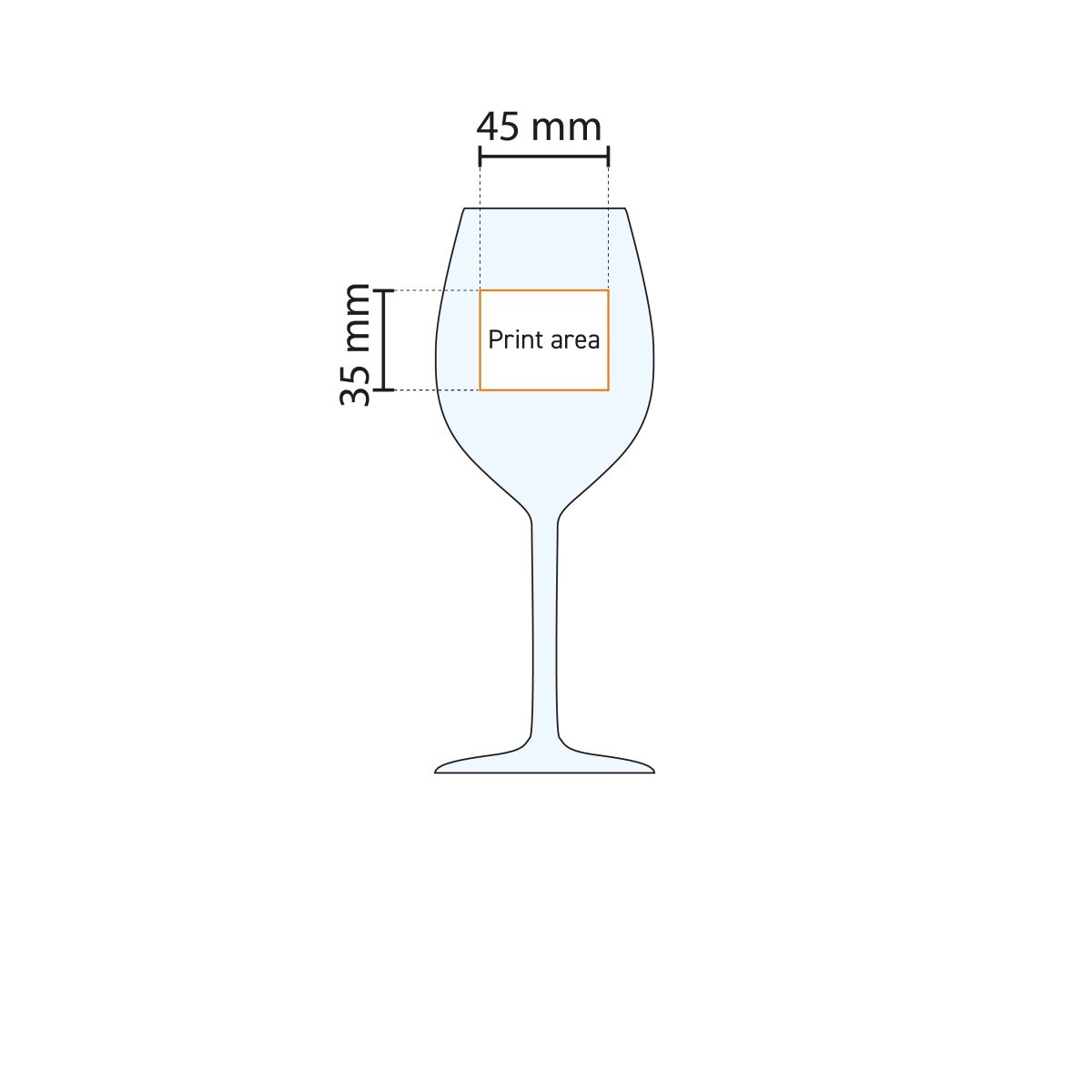 Technische werktekening van het drukgebied op Esprit wijnglas 41 cl. in glas.