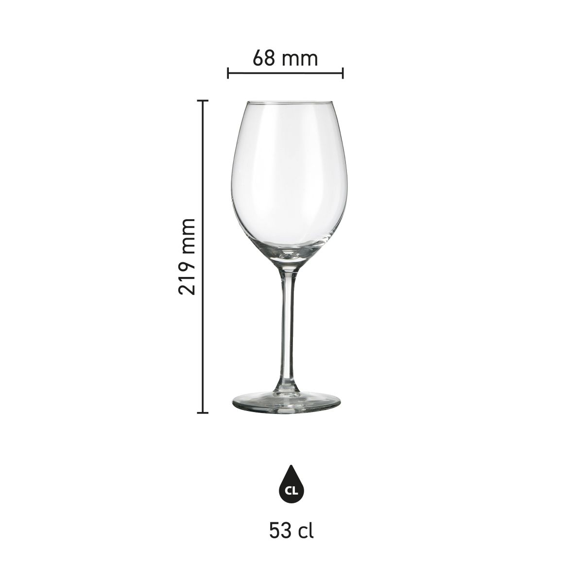 Infographic shows height and diameter of Esprit wine glass 53 cl.