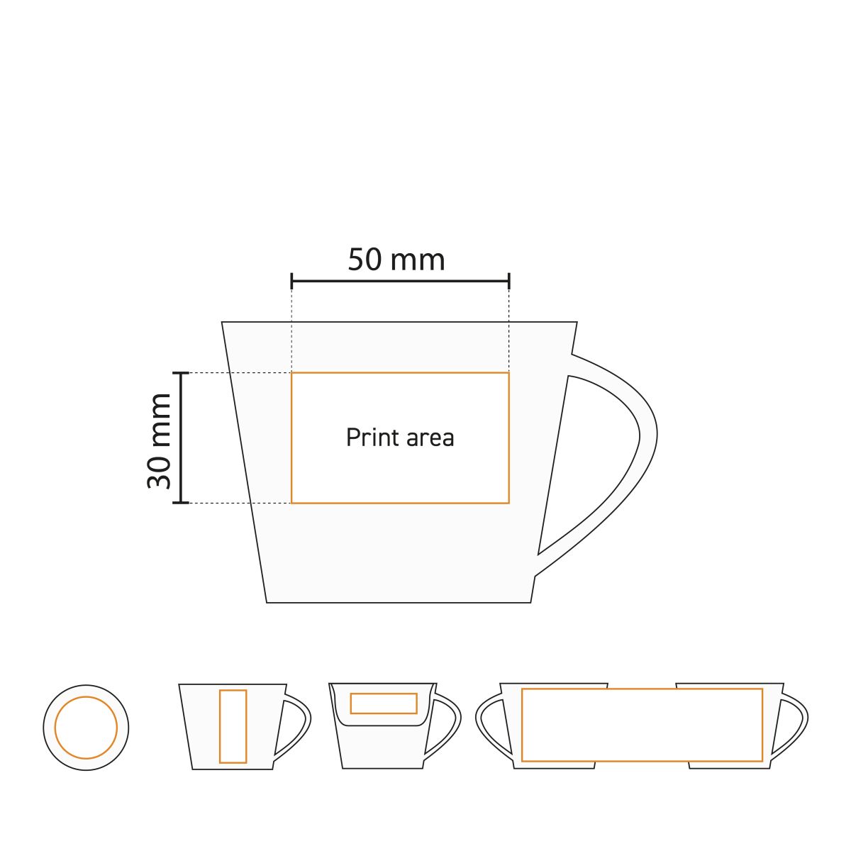 Technical working drawing with indication of printing area on Eva Coffee 20 cl. SET porcelain.