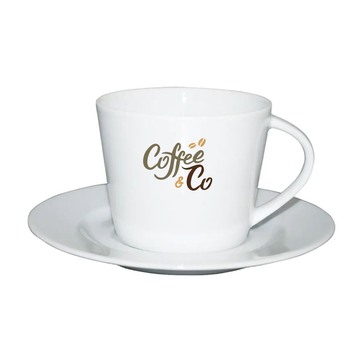 Eva Coffee SET 20 cl. porcelain with multicoloured CoffeeCo logo on the front view.