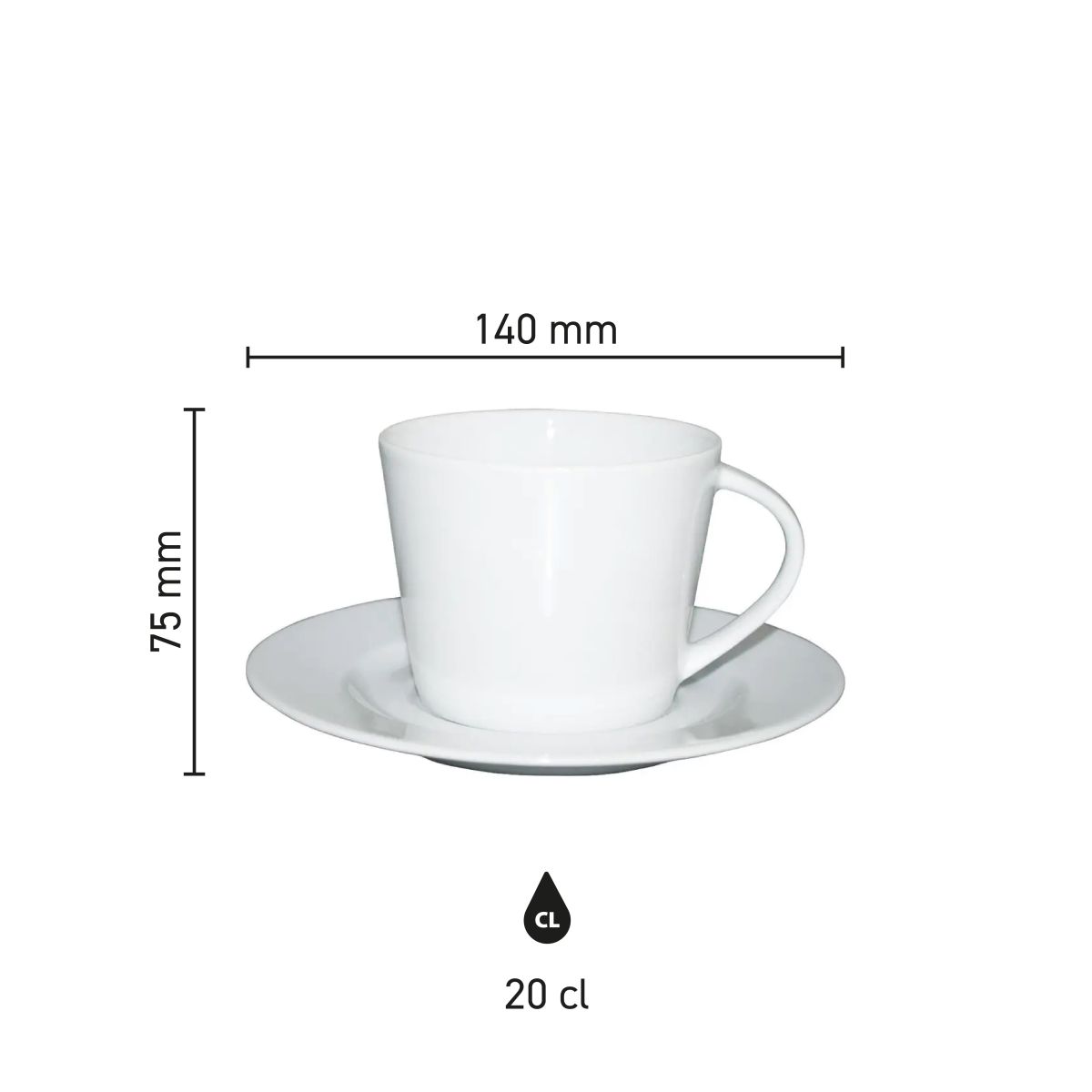 Infographic shows product dimensions of the Eva Coffee SET 20 cl. in porcelain finish.