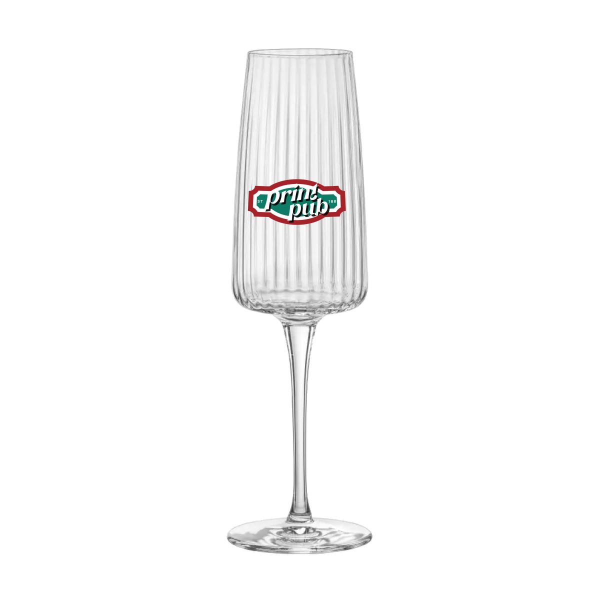 Multicoloured PrintPub logo visible on front of champagne glass 25.5 cl.