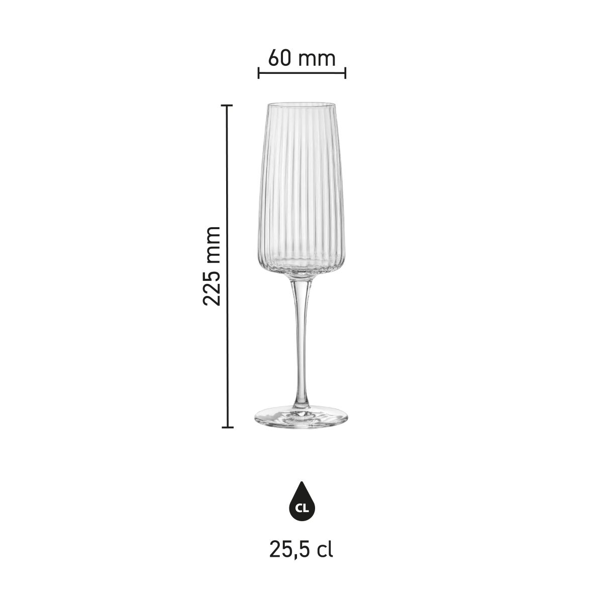 Infographic showing product dimensions of the Exclusiva Champagne glass 25.5 cl glass.