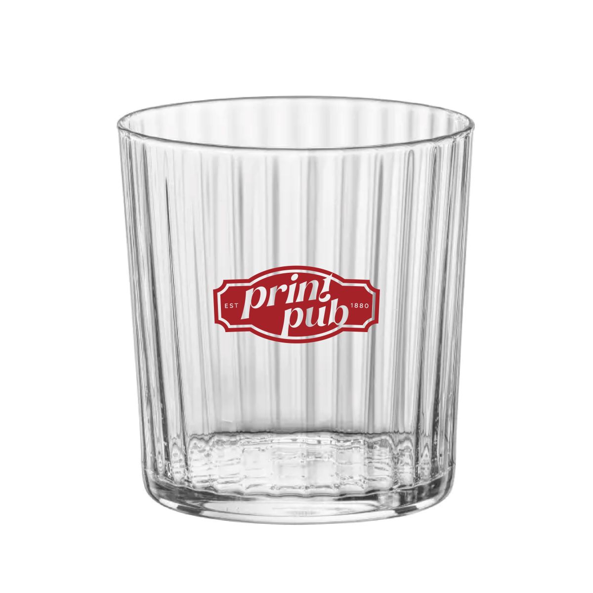 Tumbler glass 35.5 cl with one-coloured PrintPub logo printed on the front view.
