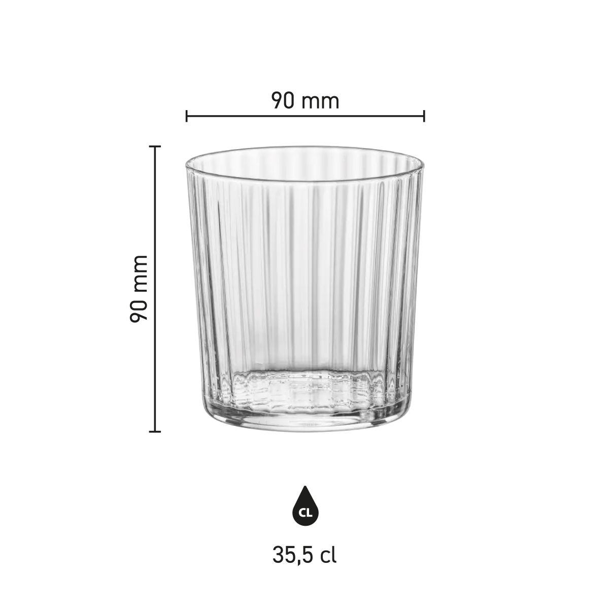 Infographic shows the product dimensions of the Exclusiva Tumbler glass 35.5 cl.