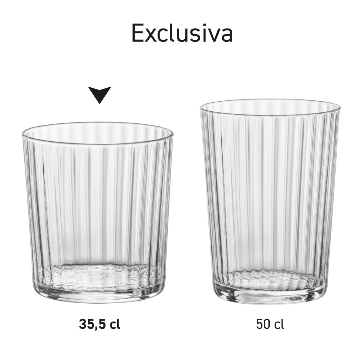Series Exclusiva Tumbler glasses 35.5 cl. and 50 cl. presented side by side in various arrangements.